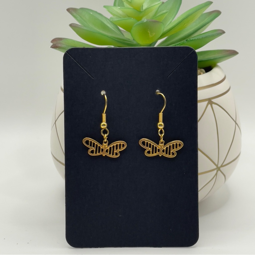 Gold Filigree Butterfly Dangle Earrings•Delicate Openwork Wing Charms - Picture 8 of 10